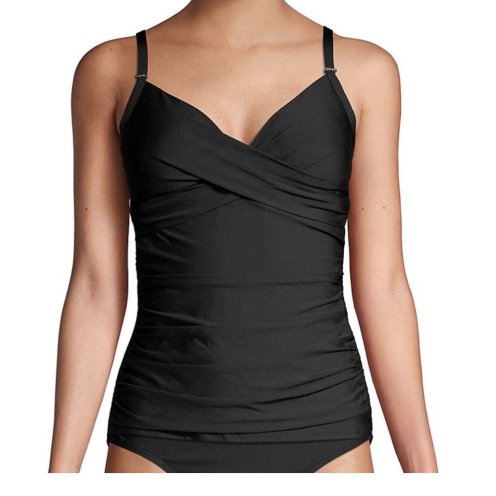 Calvin Klein Black Ruched Faux Wrap Tankini Top M Adjustable Straps